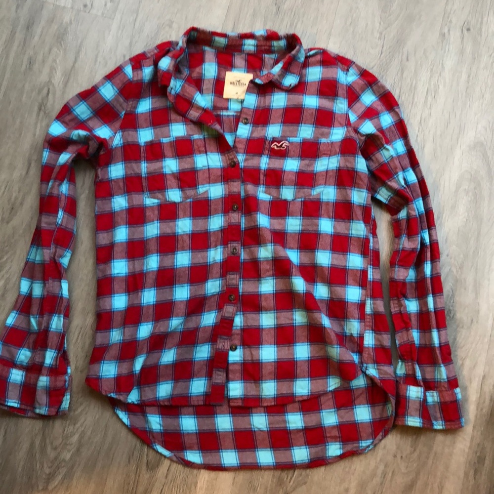 Blue and red block button down shirt